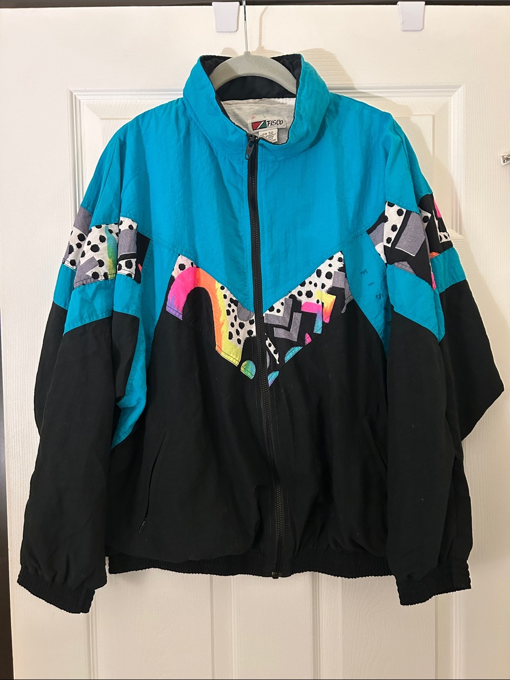 Teal & Black Retro Colorblock Windbreaker with Neon Accent